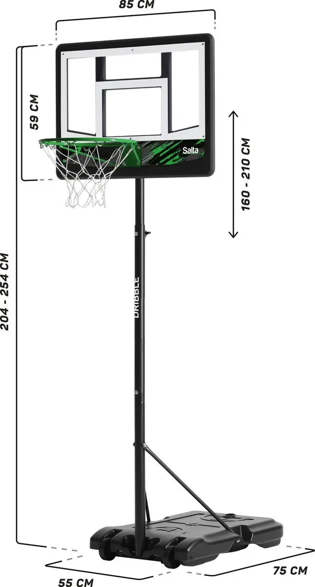 Salta Dribble Basketbalpaal Verstelbaar 160-210cm - Zwart