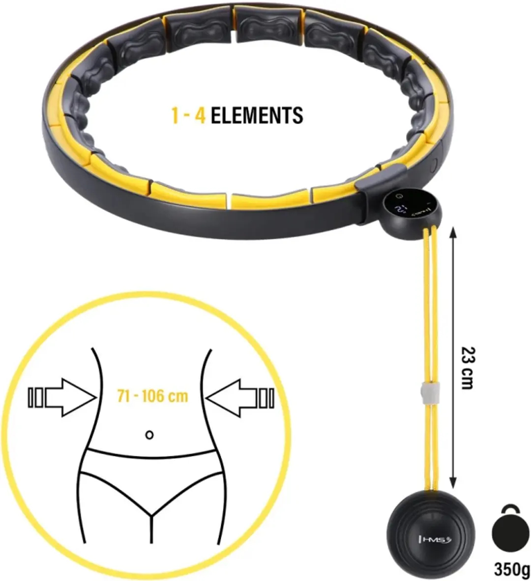HMS Fitness Hoelahoep Plus Size - Magneten & Teller - Zwart/Geel