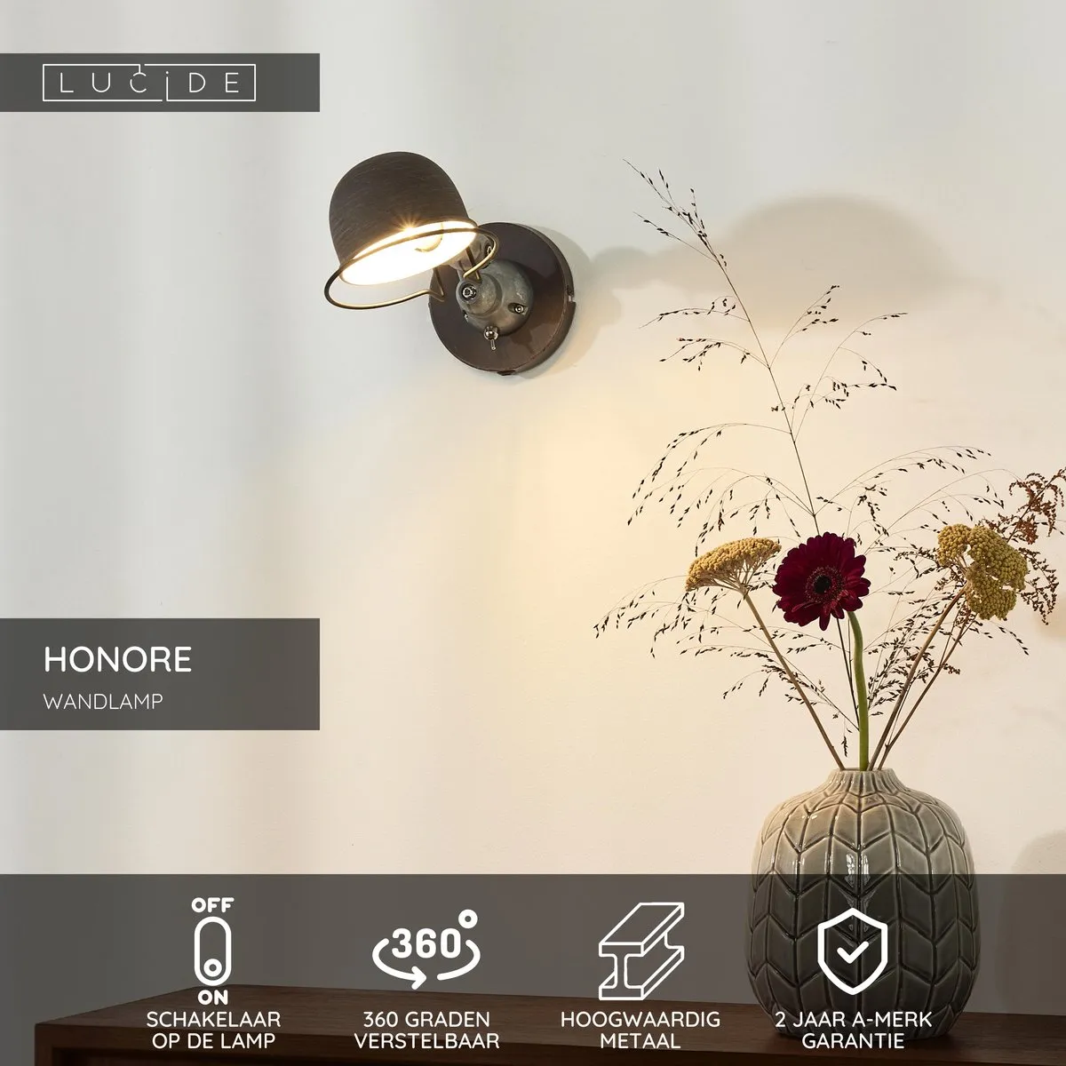 Lucide Honore Wandlamp E14 - Roestbruin
