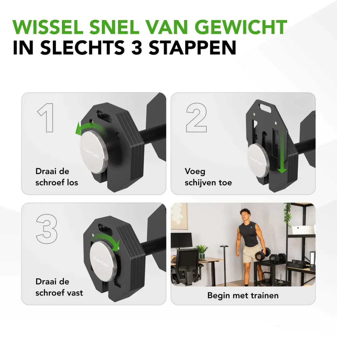 Tunturi Rapid Verstelbare Dumbbell 4-28kg - 15-delig - Zwart