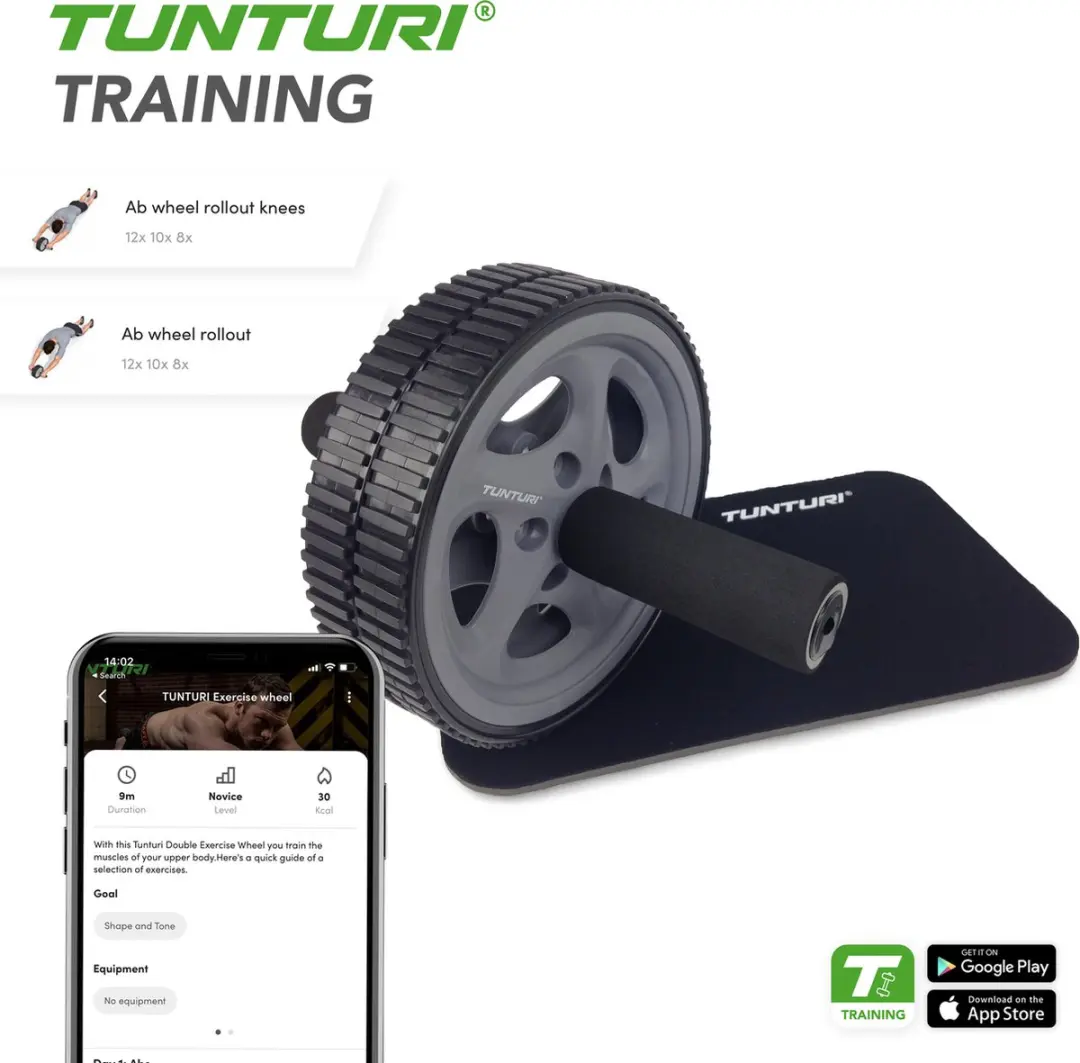 Tunturi Dubbele Ab Roller - Buikspiertrainer met kniemat - Zwart/Grijs