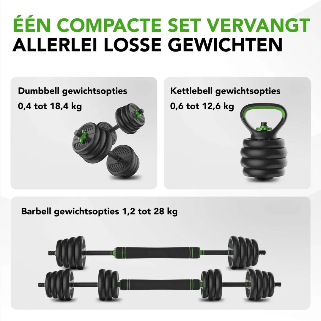 Tunturi Halterset Vinyl 28kg - Kettlebell & Barbell - Zwart/Groen