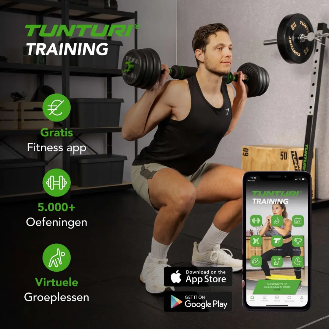 Tunturi Halterset Vinyl 28kg - Kettlebell & Barbell - Zwart/Groen