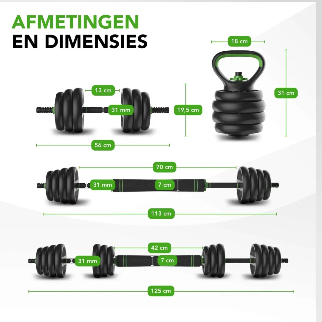 Tunturi Halterset Vinyl 28kg - Kettlebell & Barbell - Zwart/Groen