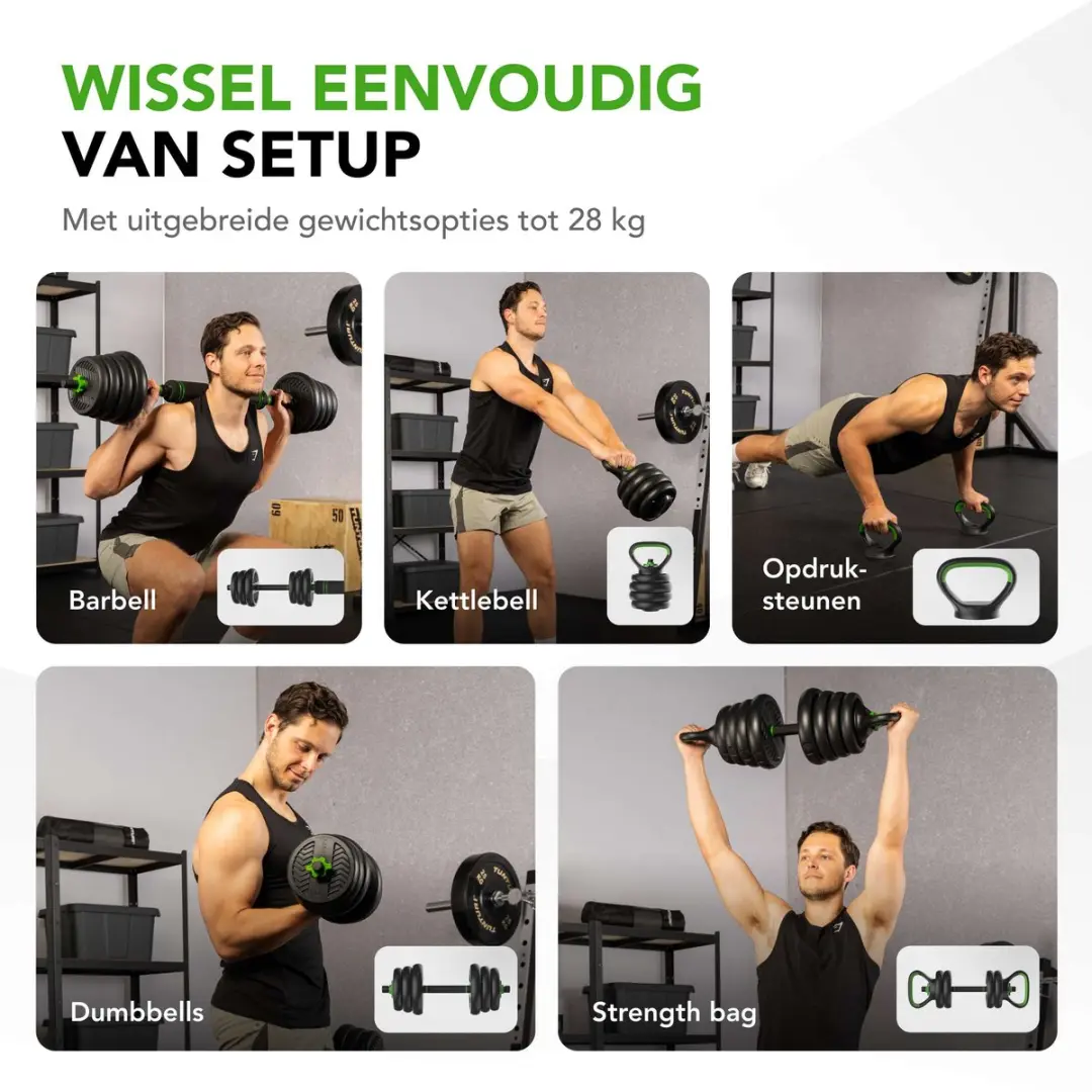 Tunturi Halterset Vinyl 28kg - Kettlebell & Barbell - Zwart/Groen