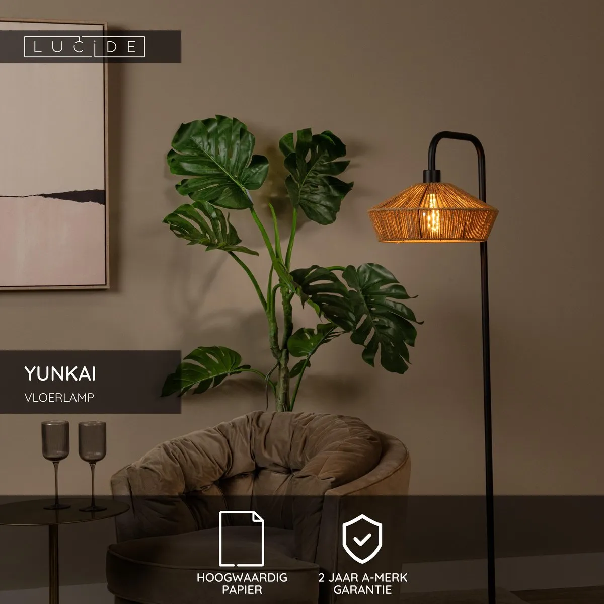 Lucide Yunkai Vloerlamp - Ø34cm - E27 - Naturel