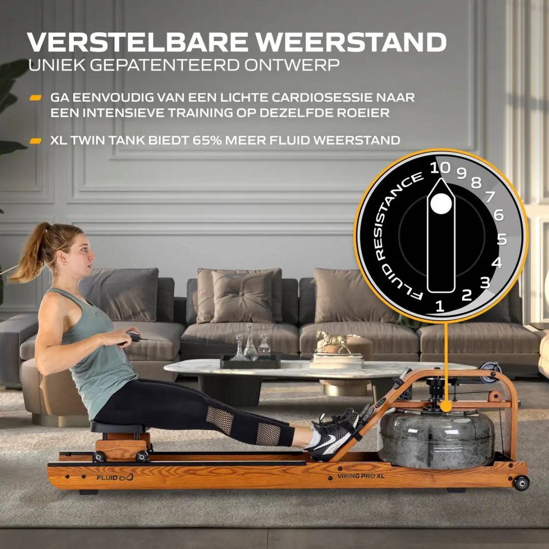 Fluid Rower Viking Pro XL Roeitrainer - Waterweerstand - 10 Niveaus - Hout