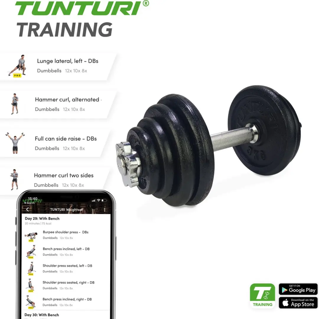 Tunturi Dumbbell Gietijzer 20kg Halterset - 1 Stang 30mm - Zwart