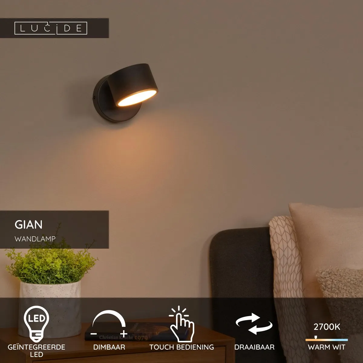 Lucide GIAN Wandlamp LED 9W 2700K - Zwart