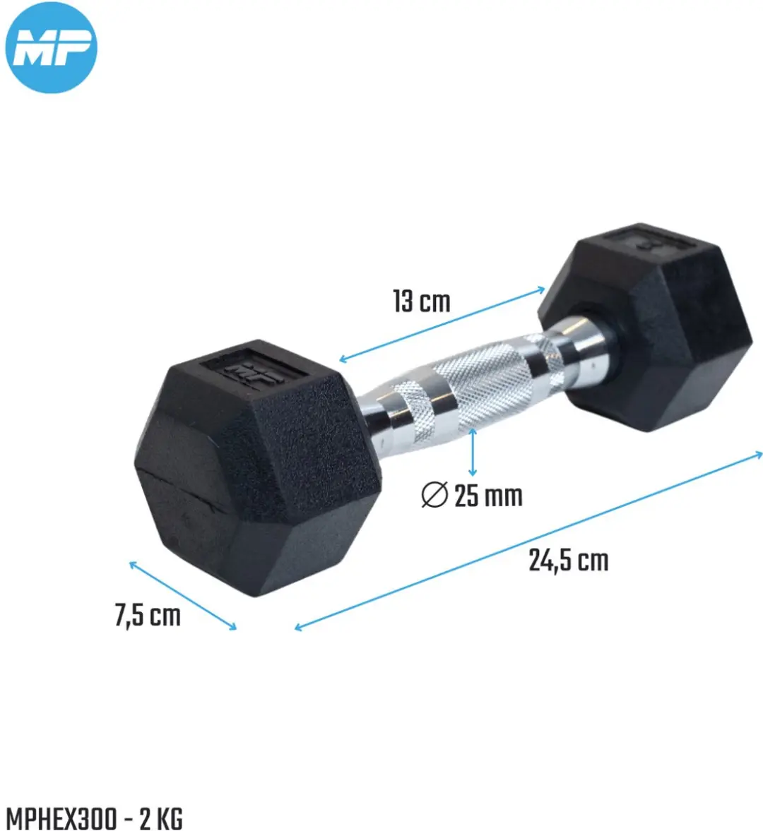 Muscle Power Hexa Dumbbell 2 kg - Chroom/Zwart - afbeelding 6 van 6