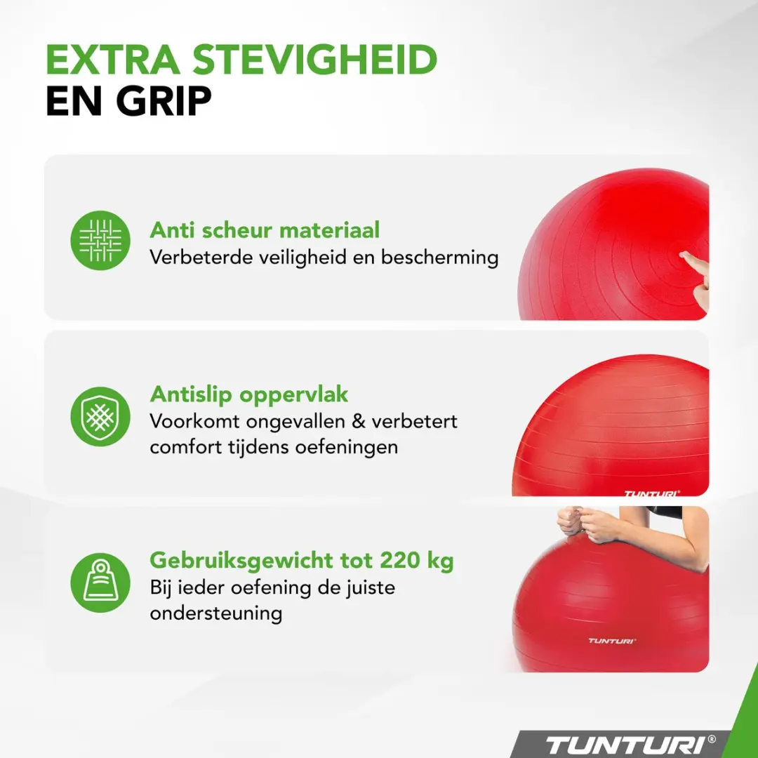 Tunturi Anti Burst Fitnessbal 75cm - 220kg - Rood - Incl. pomp
