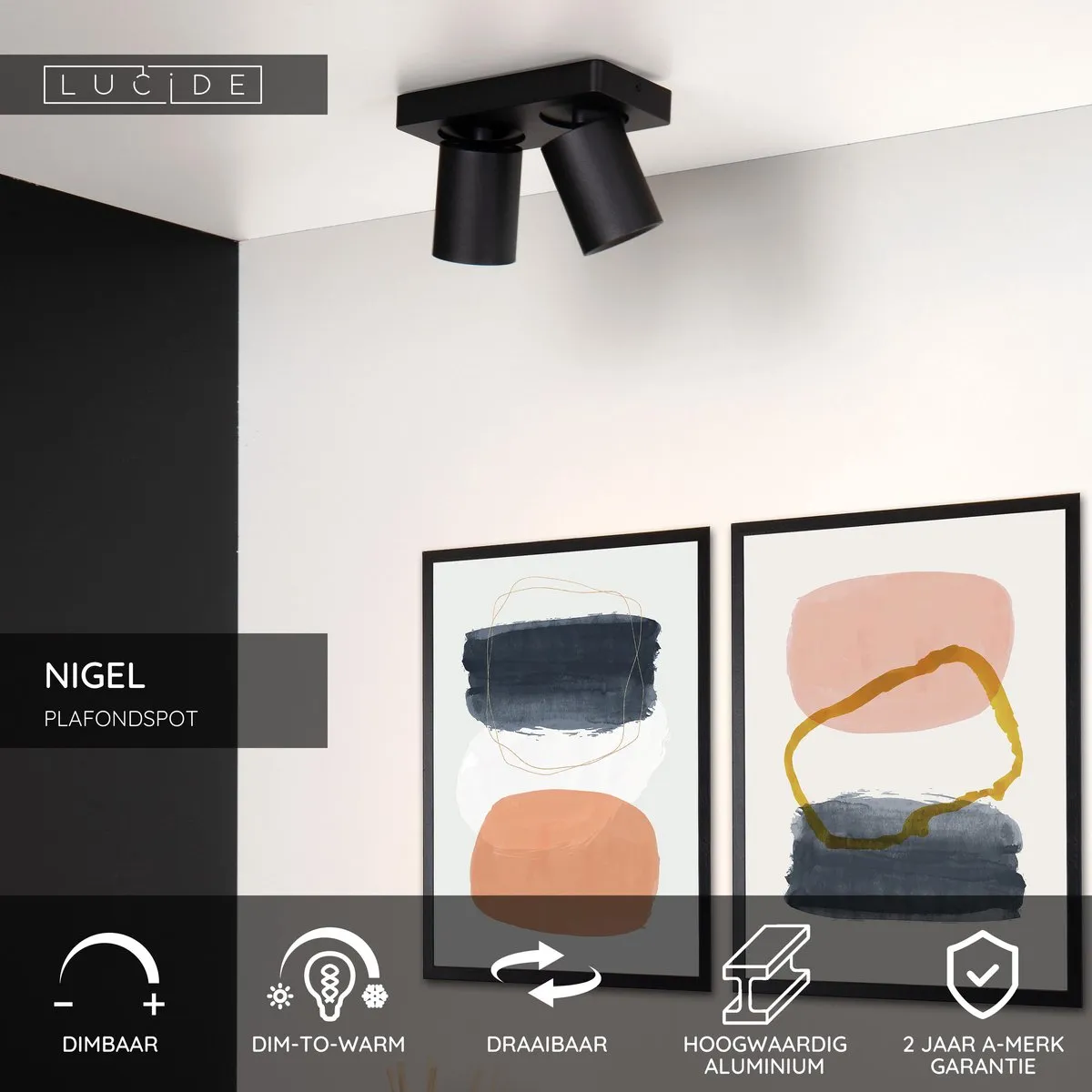 Lucide Nigel Plafondspot LED Dim-to-Warm GU10 2x5W - Zwart