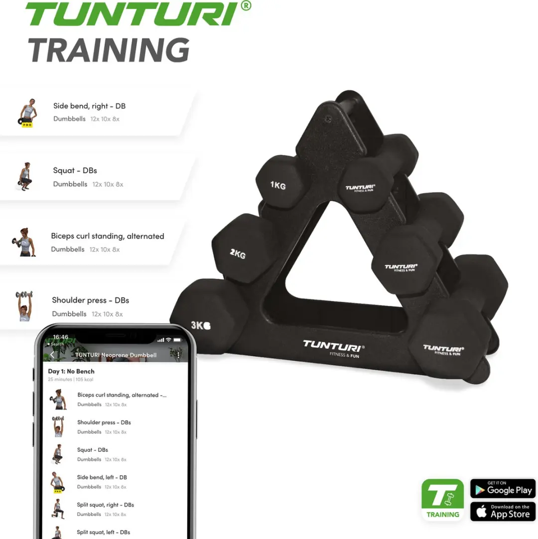 Tunturi Neopreen Dumbbells 1-3kg - 3 Paar - Zwart/Wit