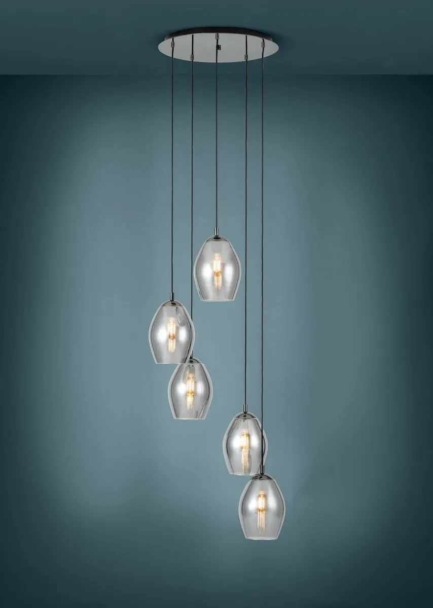 Stars of Light Estanys Hanglamp - 58 cm - 5 lichts - E27 - rookglas - Zwart|Grijs