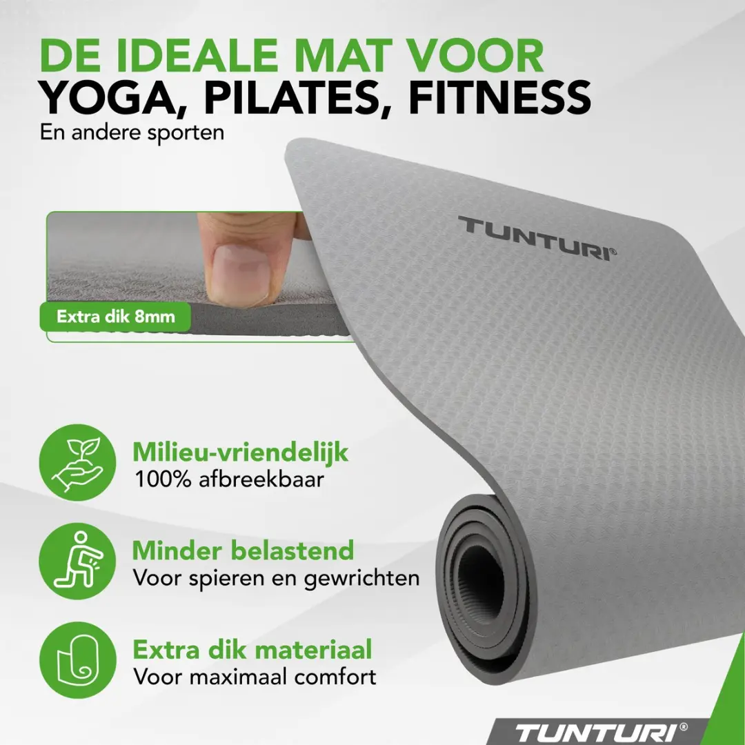 Tunturi Yoga Mat 8mm - 183x61cm - Grijs