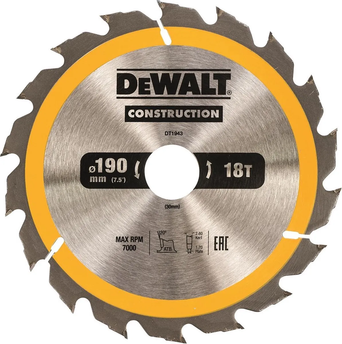 DeWalt DT1943 Cirkelzaagblad 190mm 30mm 18T - Hout