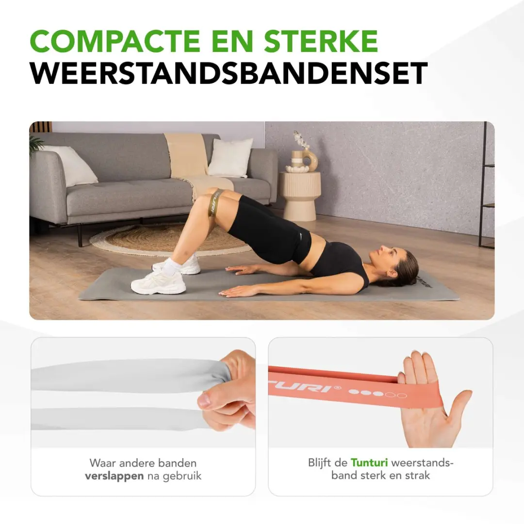 Tunturi 5 Weerstandsbanden Set - Mini Power - Fitnessband - Lichtblauw/Munt/Rose goud/Petrolblauw/Legergroen