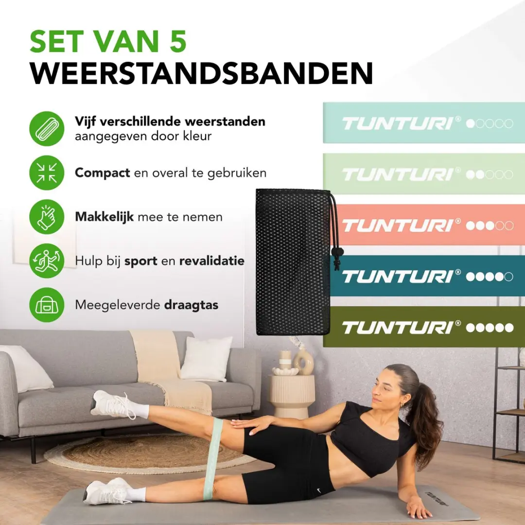 Tunturi 5 Weerstandsbanden Set - Mini Power - Fitnessband - Lichtblauw/Munt/Rose goud/Petrolblauw/Legergroen - afbeelding 6 van 6