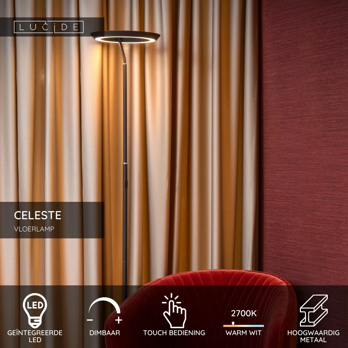 Lucide Celeste Vloerlamp Ø28cm - LED 21W 2700K - Zwart