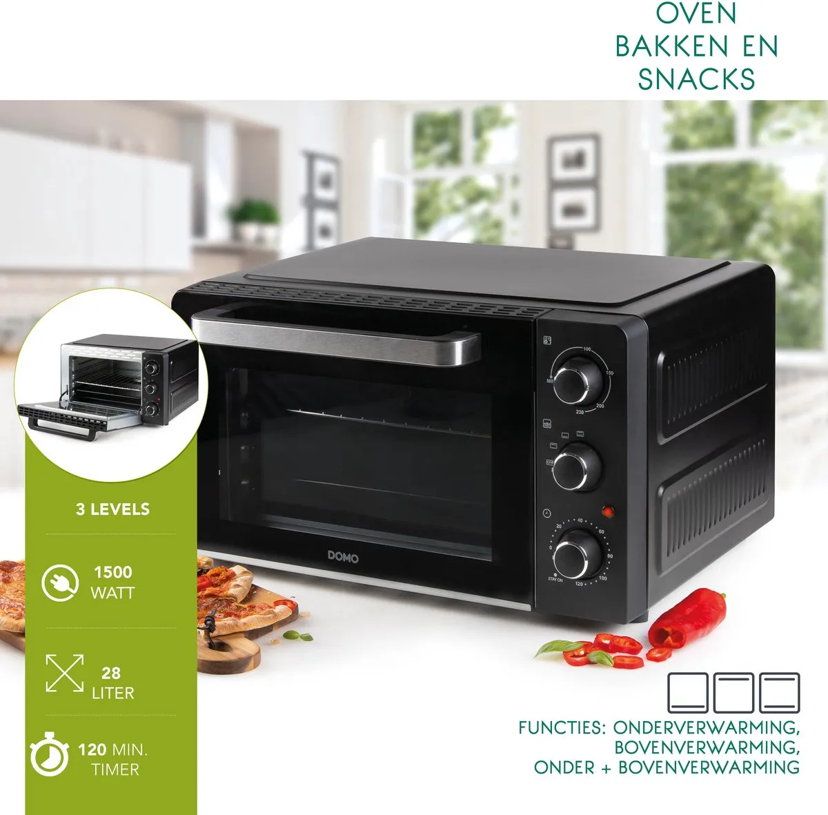 Domo DO1107GO Vrijstaande Oven 28L - 1500W - Zwart