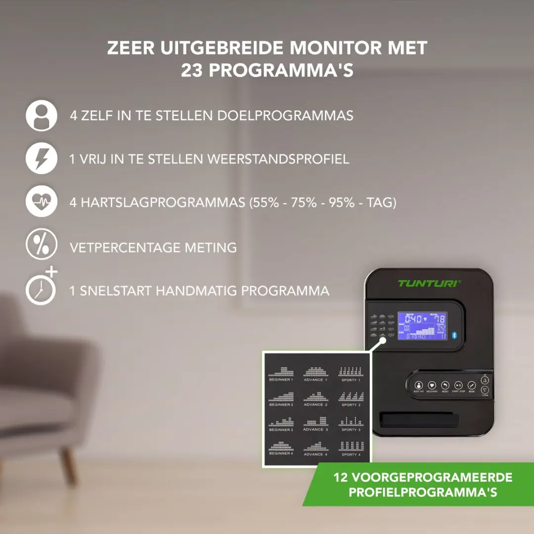 Tunturi Cardio Fit E35 Hometrainer - 23 Programma's - 20 Niveaus - Zwart/Groen/Grijs