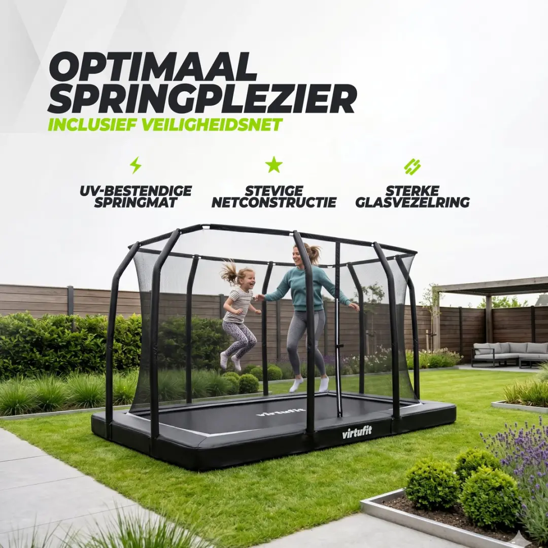 Virtufit Inbouw Trampoline 305cm - Incl. Veiligheidsnet - Max. 150kg - Zwart