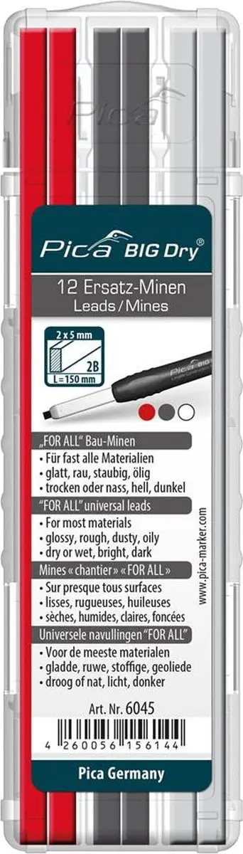 Pica 6045 Navulling Markeerpotlood - 12 Stuks - Rood/Grafiet/Wit