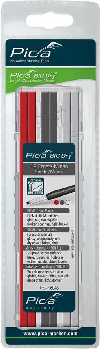 Pica 6045 Navulling Markeerpotlood - 12 Stuks - Rood/Grafiet/Wit