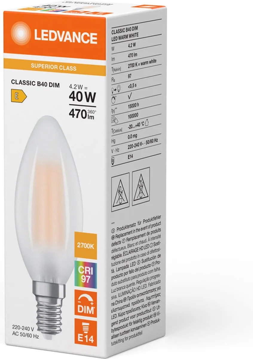 LEDVANCE Classic Superior E14 Kaarslamp 4.2W 470lm - Mat - Zeer Warm Wit