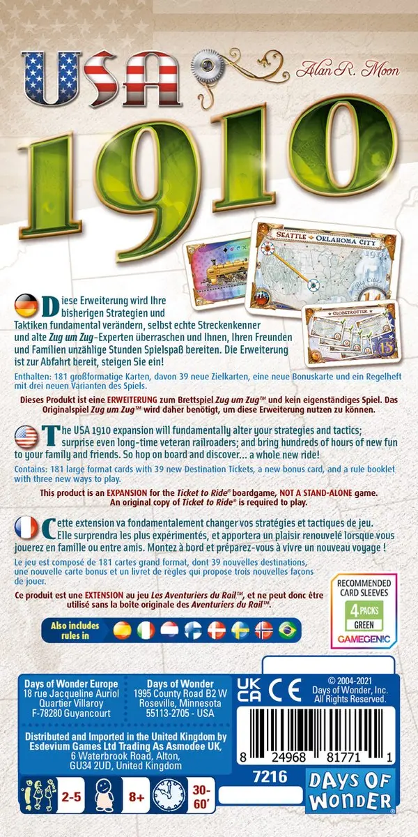 Days of Wonder Ticket to Ride USA 1910 Expansion - Bordspel