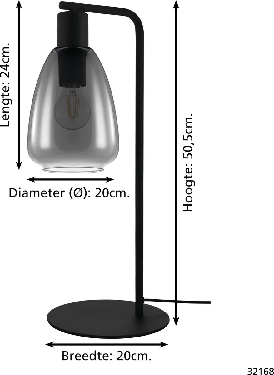 Eglo Chelvey Tafellamp E27 - 50,5 cm - Rookglas Zwart
