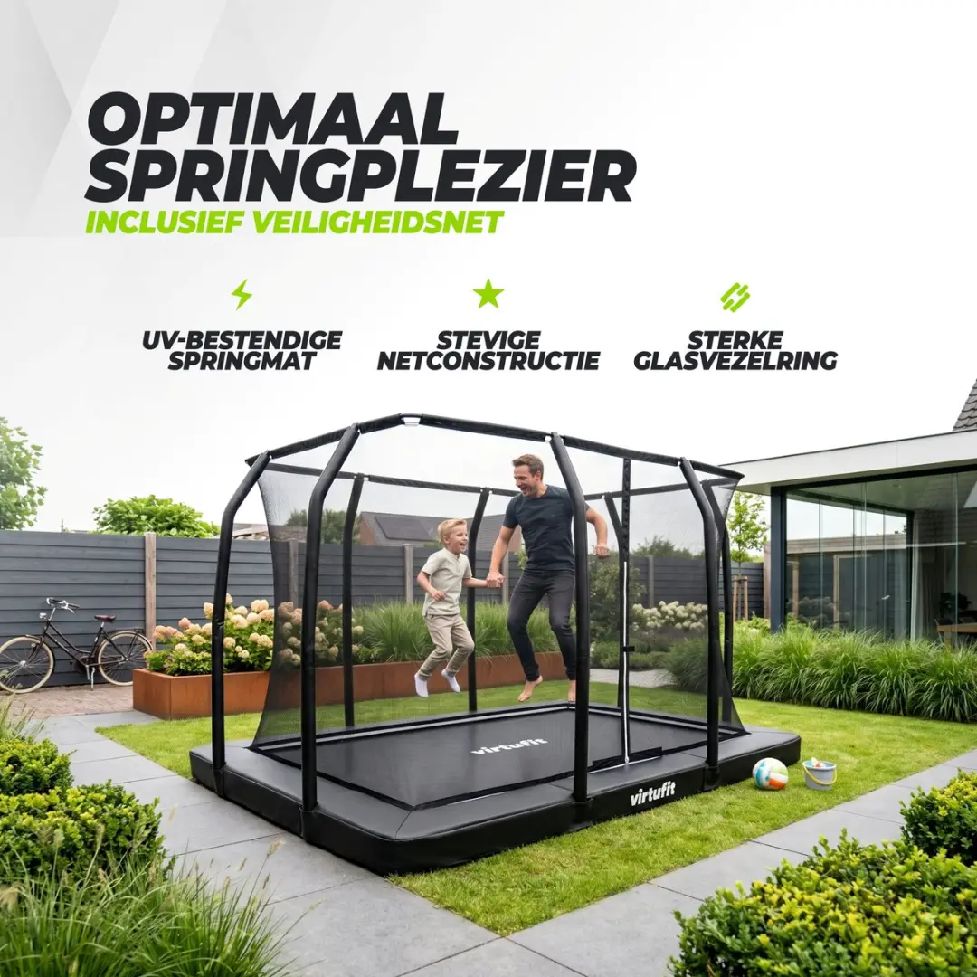 Virtufit Inbouw Trampoline 366cm - Veiligheidsnet - Max 150kg - Zwart