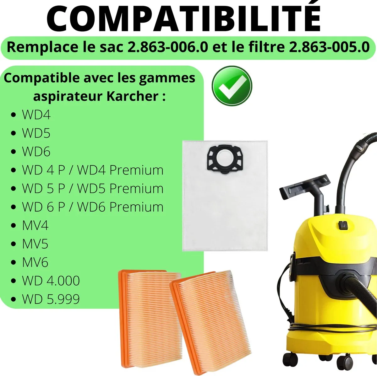 Kärcher Accessoirespakket WD4/WD5/WD6 - 8 Zakken + 2 Filters - Wit/Orange