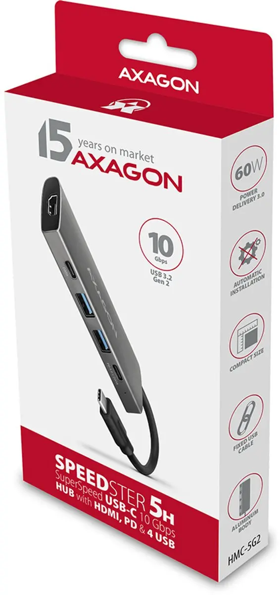 Axagon HMC-5G2 USB-C Dock - 4x USB 3.2 Gen2 - HDMI 1.4a - Grijs