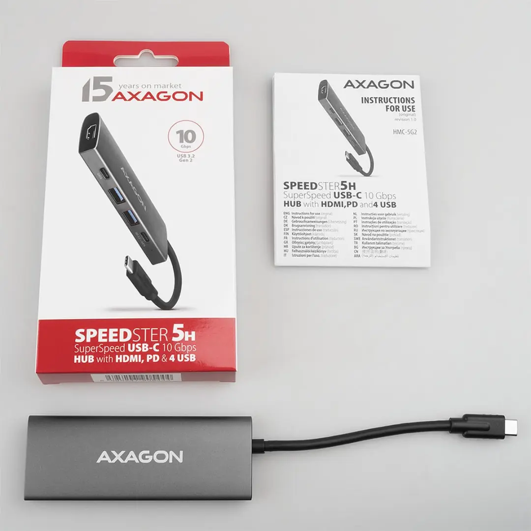 Axagon HMC-5G2 USB-C Dock - 4x USB 3.2 Gen2 - HDMI 1.4a - Grijs