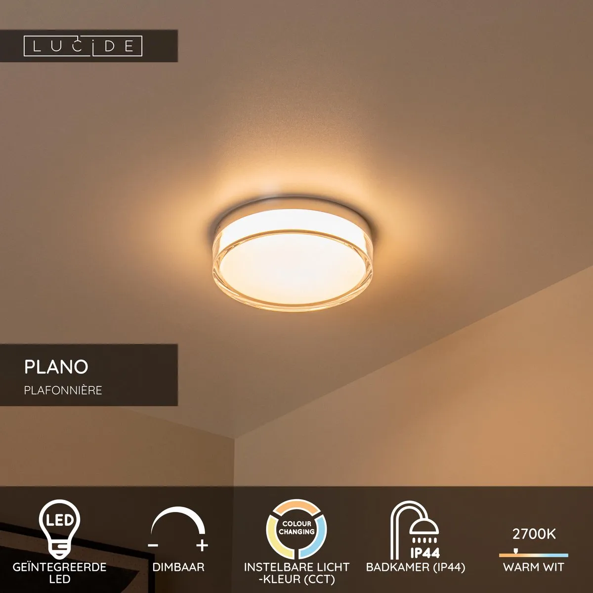 Lucide PLANO Plafonnière Badkamer - Ø23cm LED 11W 2700K/4000K IP44 - Opaal
