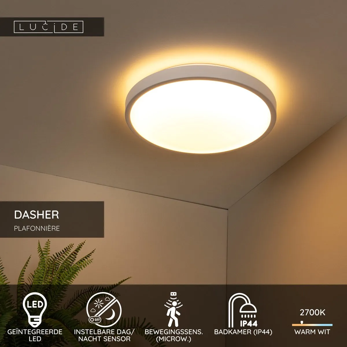 Lucide Dasher Plafondlamp Ø41cm LED 24W 2700K - IP44 Bewegingssensor Wit