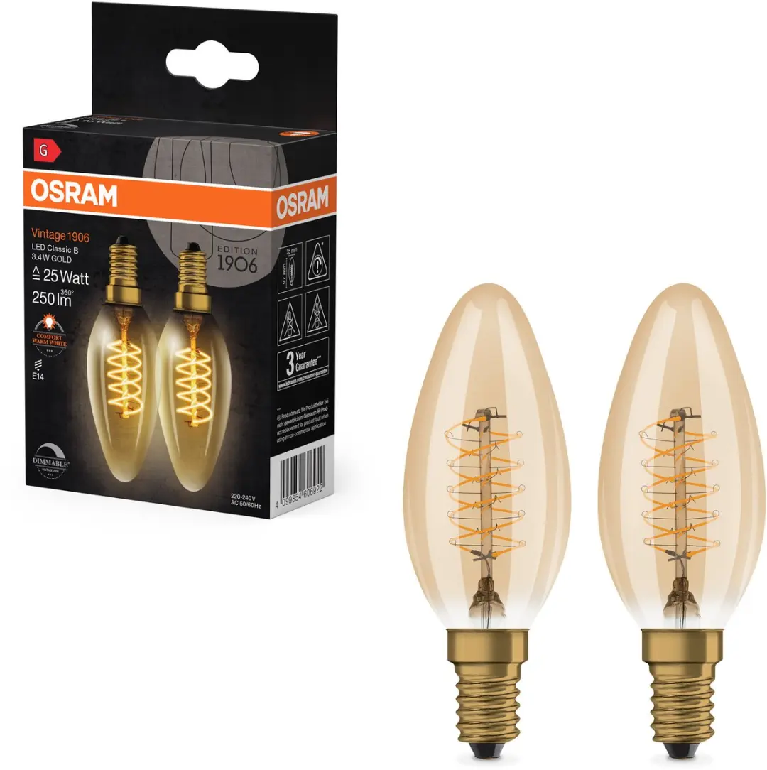 Osram Vintage 1906 LED Classic A,B,P Slim Filament Dimbare - 3,4W 250lm 2200K - Goud - 2 Stuks