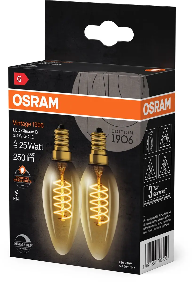 Osram Vintage 1906 LED Classic A,B,P Slim Filament Dimbare - 3,4W 250lm 2200K - Goud - 2 Stuks