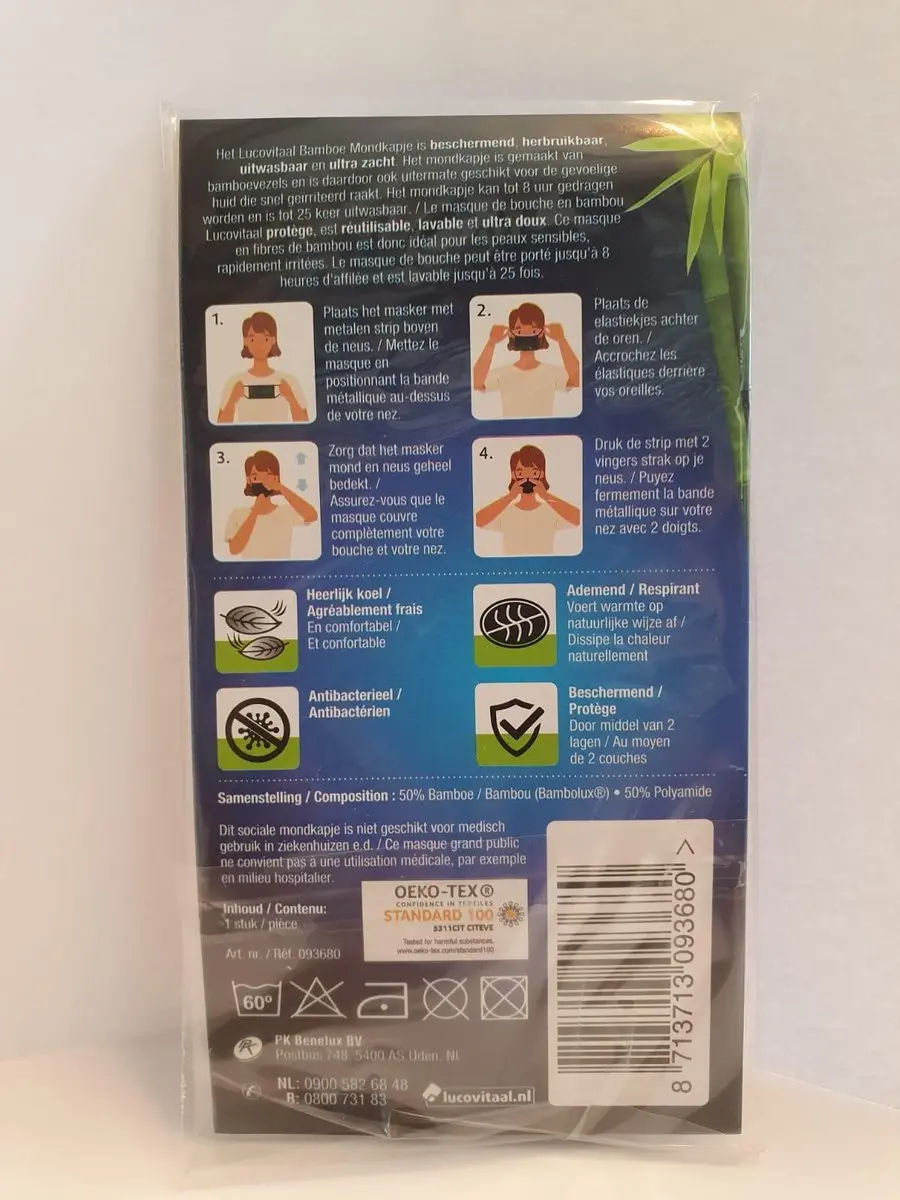 Lucovitaal Bamboe Mondkapje - 2 lagen - One size - Zwart