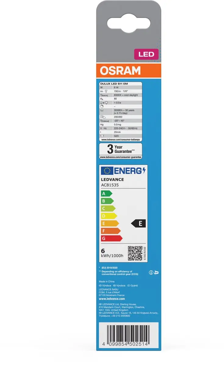 Osram Dulux LED G23 6W 700lm 6500K Mat - 30.000 uur
