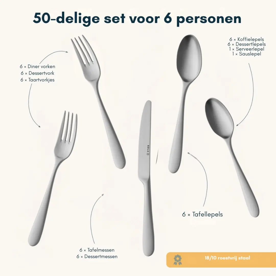 Sola Nordica Mat Bestekset 50-delig - 8 persoons - Zilver - afbeelding 6 van 6