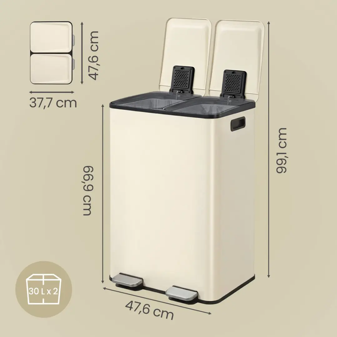 Songmics Prullenbak 2 Compartimenten 60L - Wit - Met voetpedaal