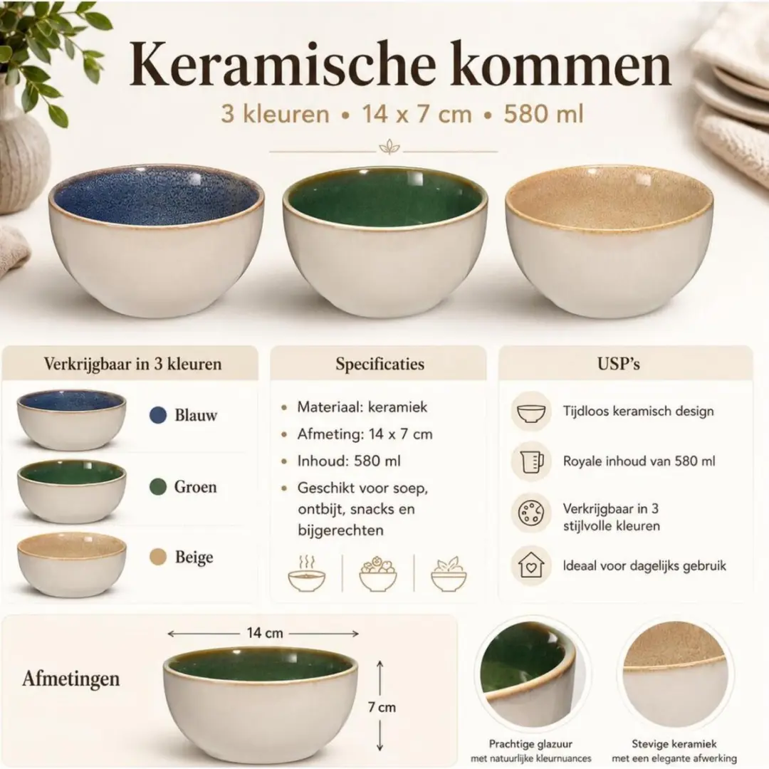 Excellent Houseware Kenji Snackschaaltjes - 8 Stuks - 580ml - Beige