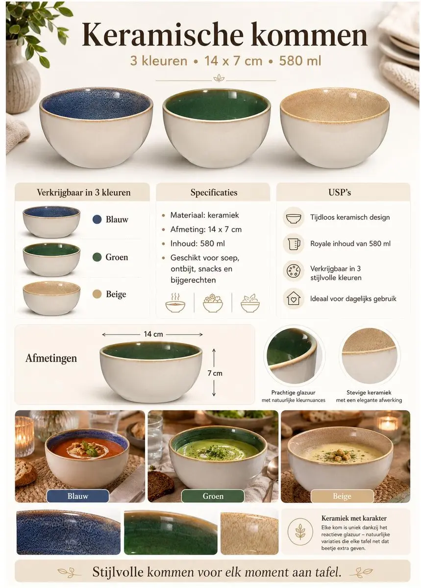 Excellent Houseware Kenji Soepkommen - 8 Stuks - Groen - 14cm