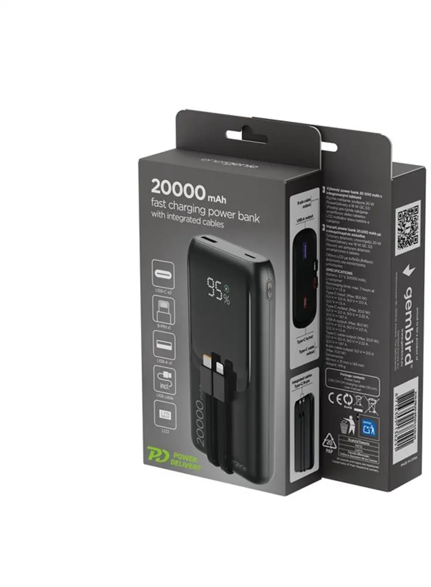 Gembird Powerbank 20000mAh - 20W - USB-C/QC3.0 - Zwart