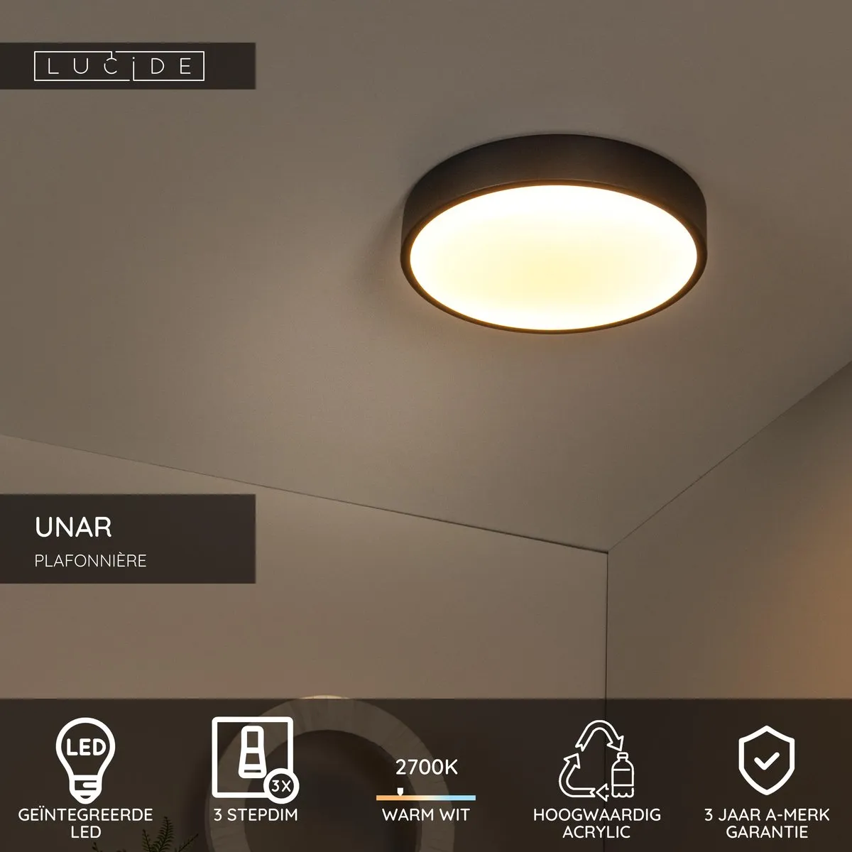 Lucide UNAR Plafondlamp Ø30cm - 1x18W 2700K - Zwart