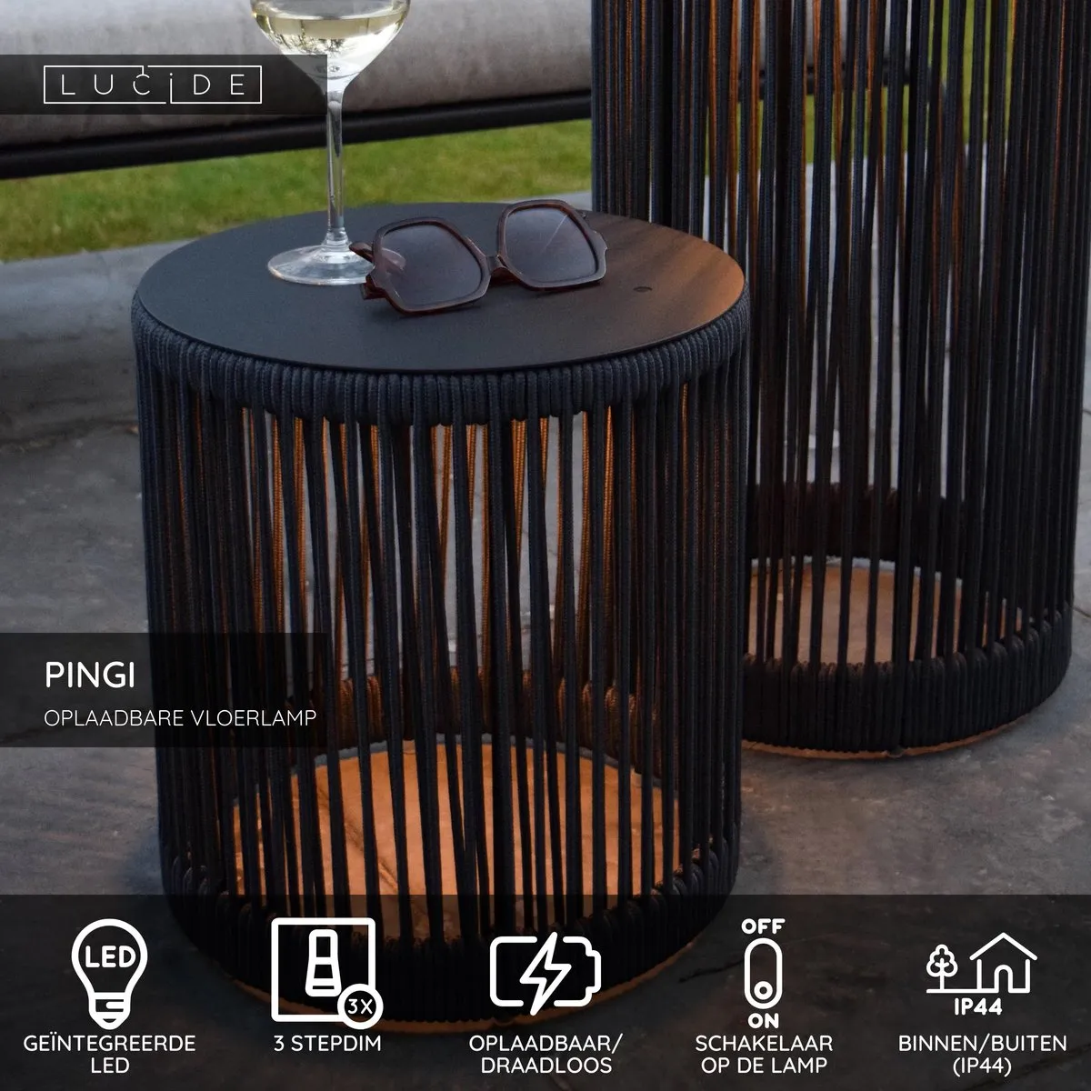 Lucide PINGI Oplaadbare Vloerlamp - Ø33,5cm 3W 3000K - Zwart