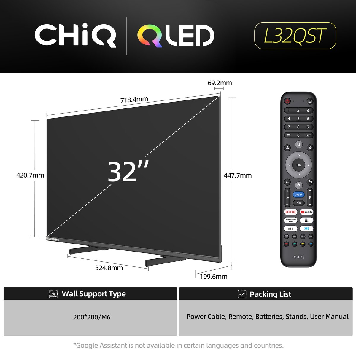 CHiQ L32QST - Smart TV 32 Inch - QLED - Full HD - Google TV - Randloos Metal Design - Dolby Audio - 2025 Nieuw