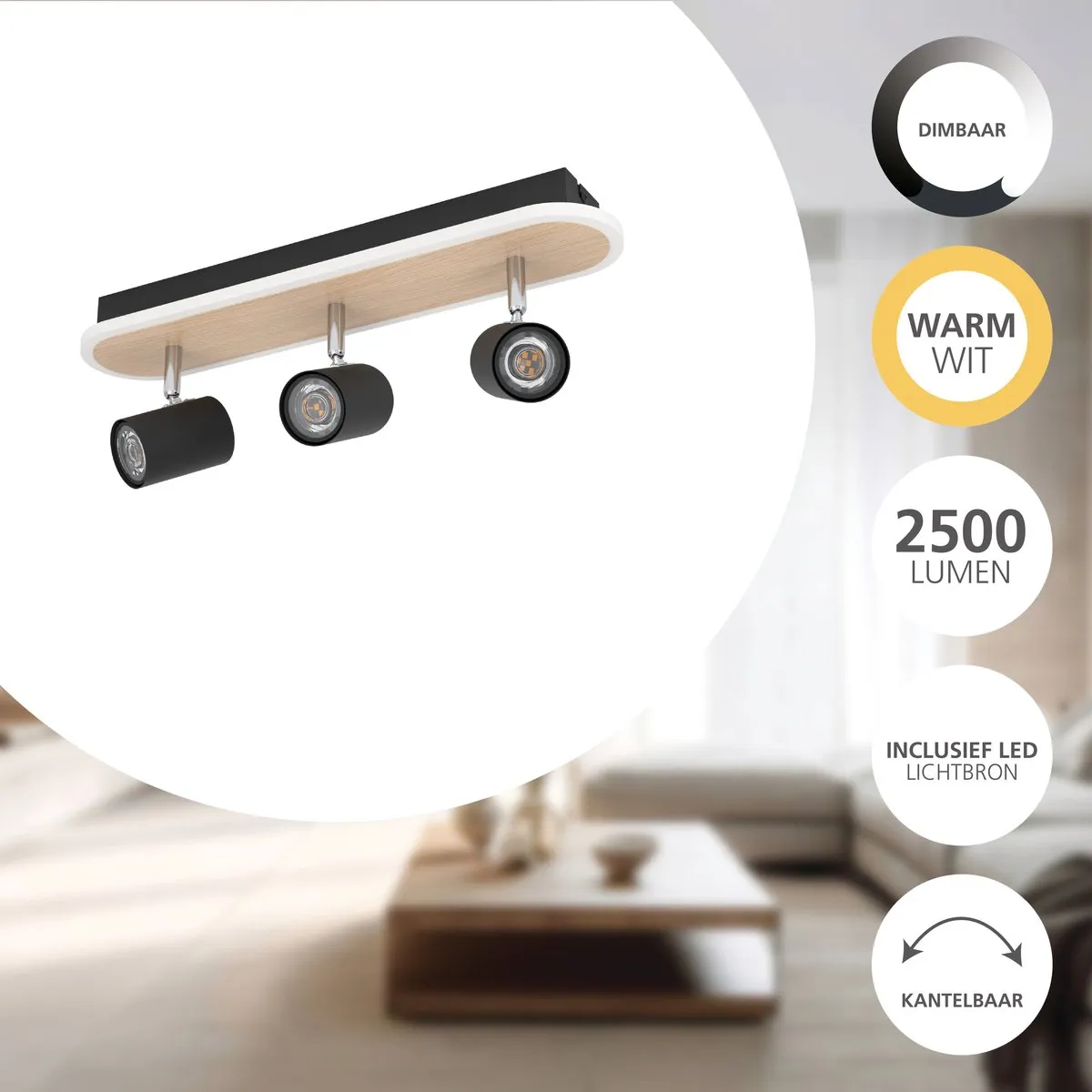 Eglo Rimbocchi Spot LED 46cm - Zwart/Bruin - Dimbaar - afbeelding 6 van 6